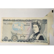GREAT BRITAIN UK ENGLAND 1970 . FIVE 5 POUNDS BANKNOTE . ERROR . WET INK TRANSFER